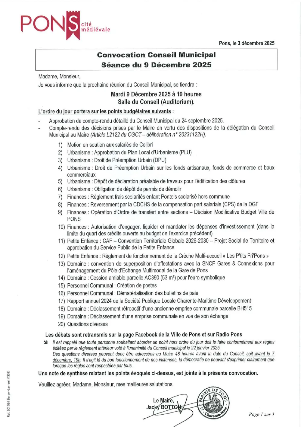Conseil Municipal Pons 2025-09-12 Convocation et Ordre du Jour Conseil Municipal Pons 2025-09-12 Convocation et Ordre du Jour
