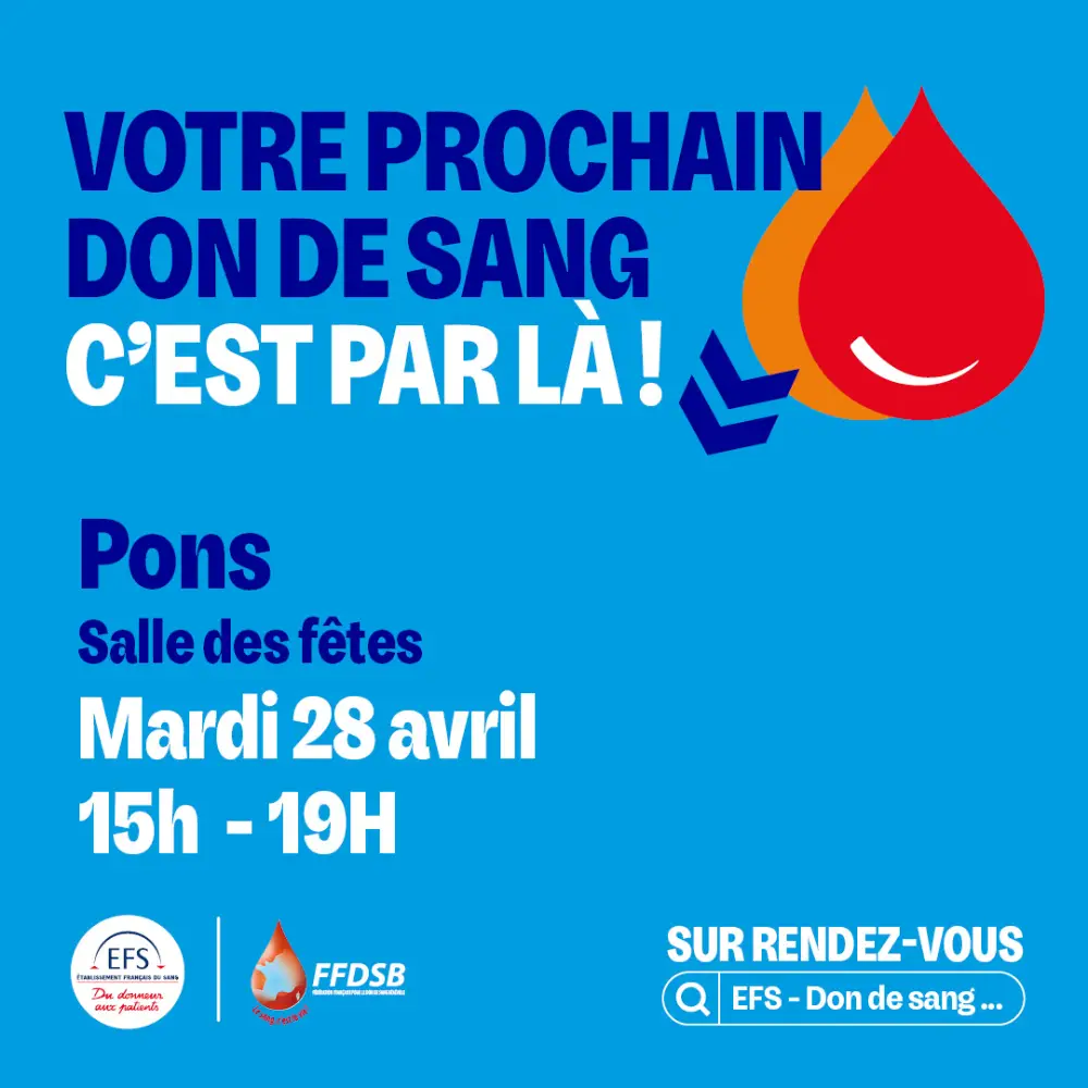 don du sang mardi 28 avril 2026 à Pons