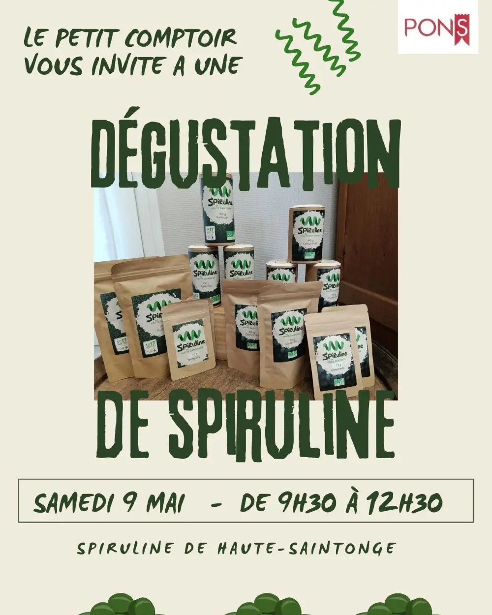 Dégustation de spiruline au Marché des halles de Pons Dégustation de spiruline au Marché des halles de Pons