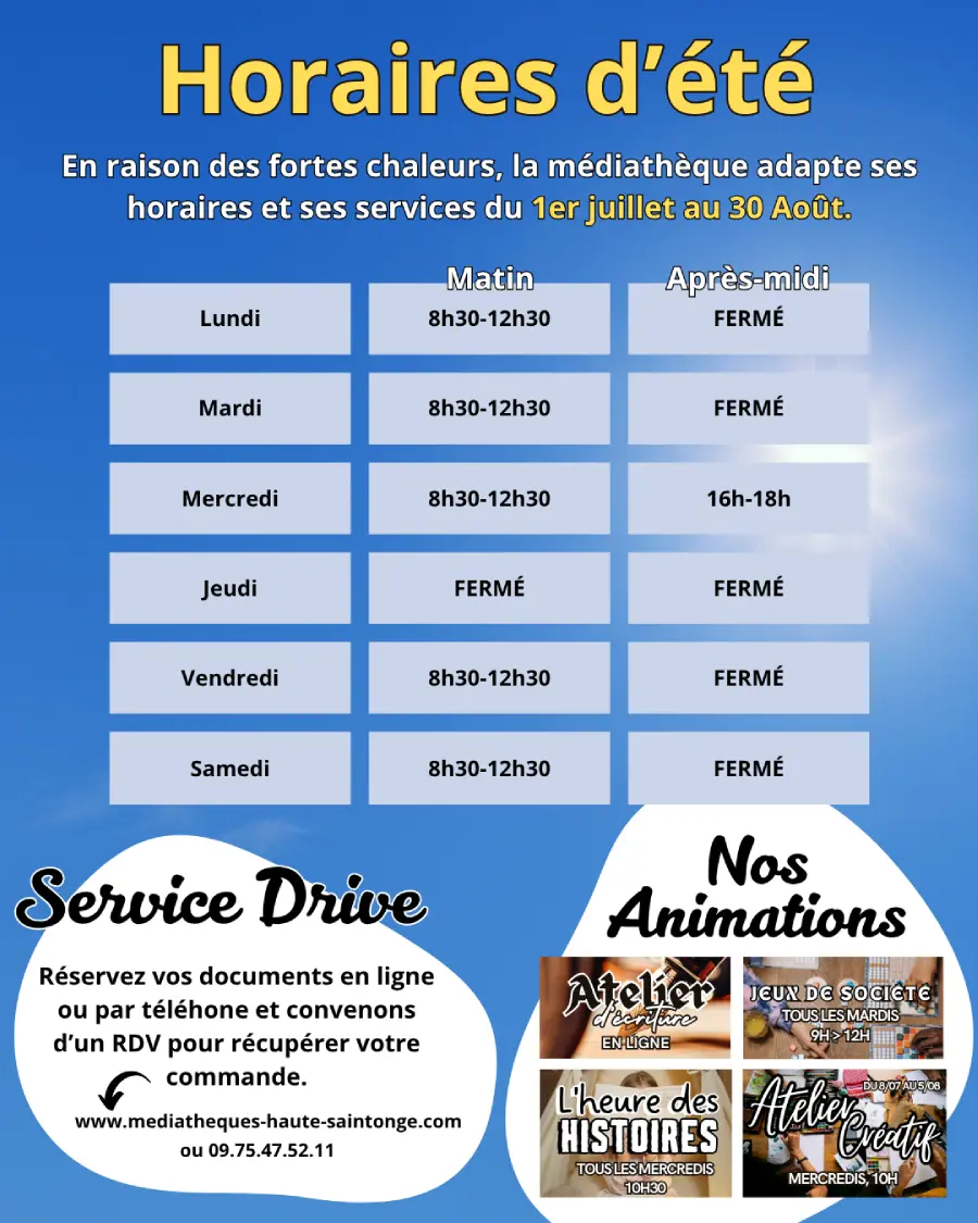 Mediatheque de Pons - Horaires été 2026 Mediatheque de Pons - Horaires été 2026