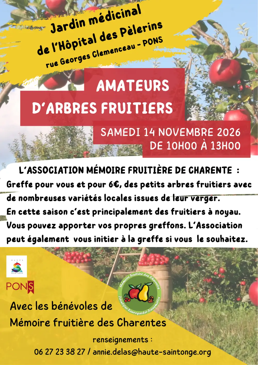 Affiche annonçant une matinée pour les amateurs d’arbres fruitiers au Jardin médicinal de l’Hôpital des Pèlerins à Pons, le 14 novembre 2026 de 10h à 13h, avec l’association Mémoire Fruitière des Charentes.