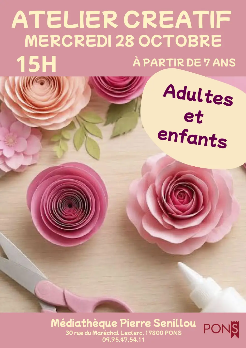 Affiche de l’atelier créatif de confection de roses en papier, mercredi 28 octobre à 15h à la médiathèque Pierre Senillou de Pons.