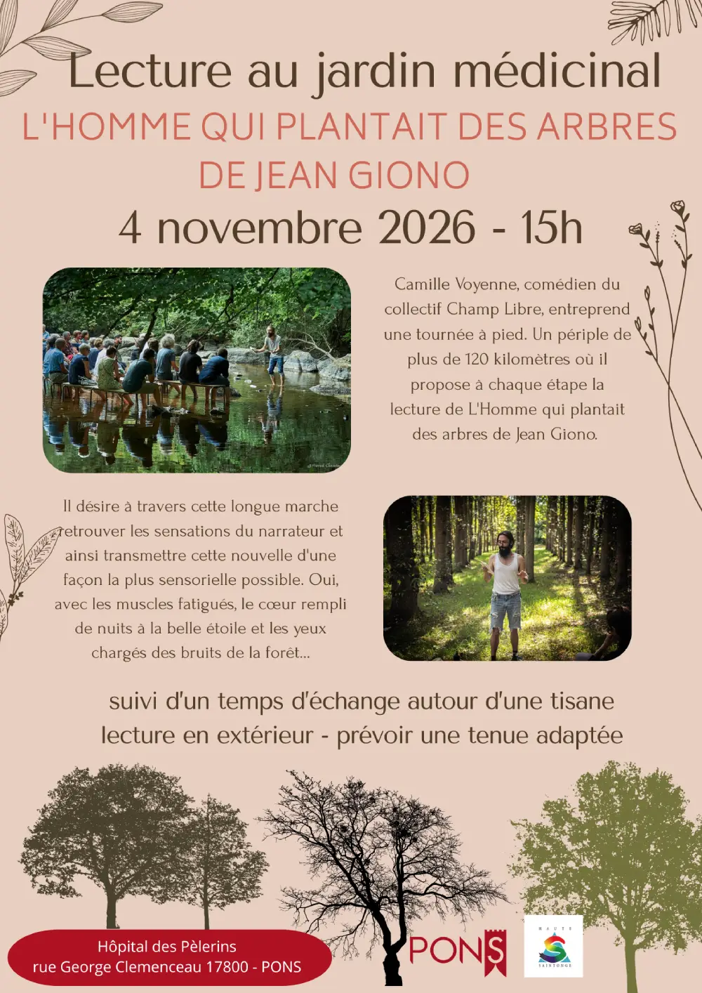 Affiche annonçant une lecture en plein air de « L’Homme qui plantait des arbres » de Jean Giono, le 4 novembre 2026 à 15h au jardin médicinal de Pons.