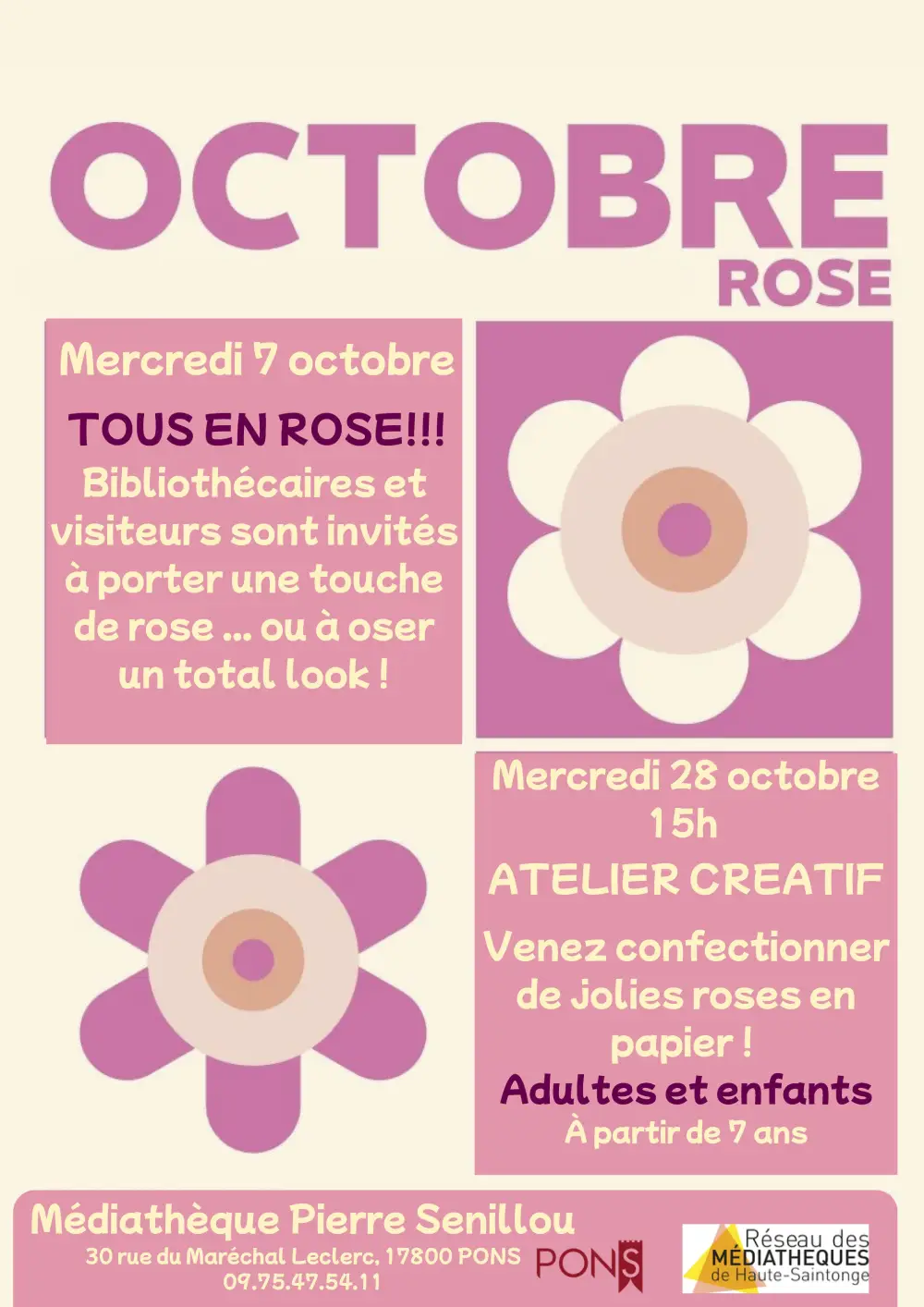 Affiche des animations Octobre Rose à la médiathèque Pierre Senillou de Pons, avec une journée « Tous en rose » le 7 octobre et un atelier créatif de roses en papier le 28 octobre.