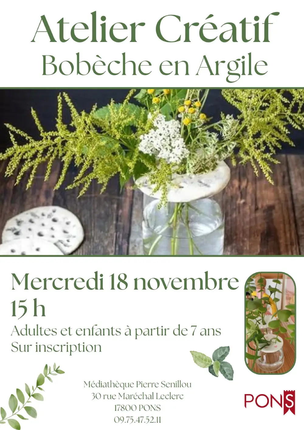 Affiche de l’atelier créatif bobèches à la médiathèque Pierre Senillou, mercredi 18 novembre à 15 h. Création de supports pour boutures en contenants de verre et argile autodurcissante. Atelier ouvert aux adultes et aux enfants dès 7 ans, sur inscription.