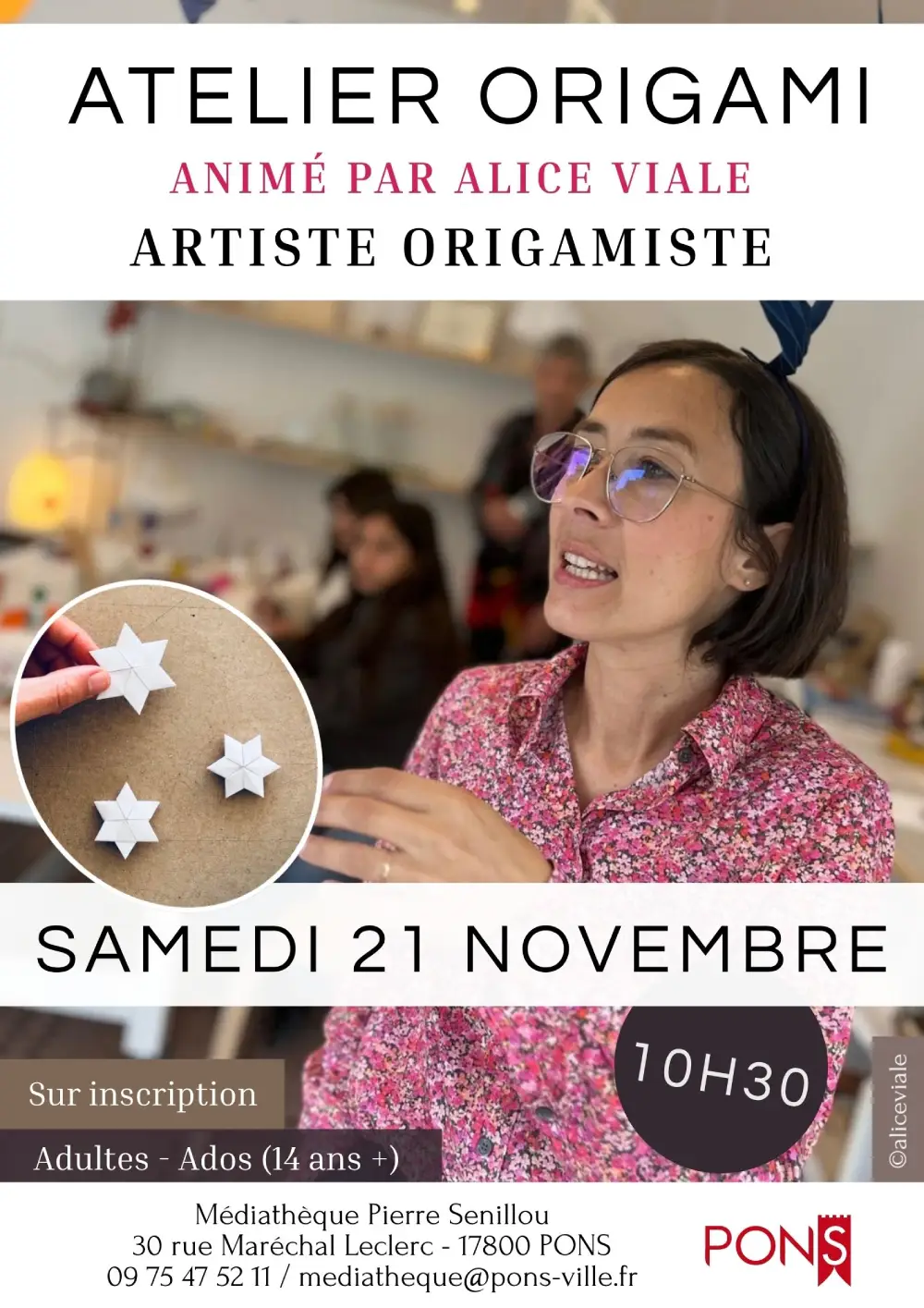 Affiche de l’atelier origami animé par Alice Viale à la médiathèque Pierre Senillou, samedi 21 novembre à 10h30. Réalisation de trois modèles d’étoiles en papier, pour les adultes et les adolescents dès 14 ans, sur inscription.