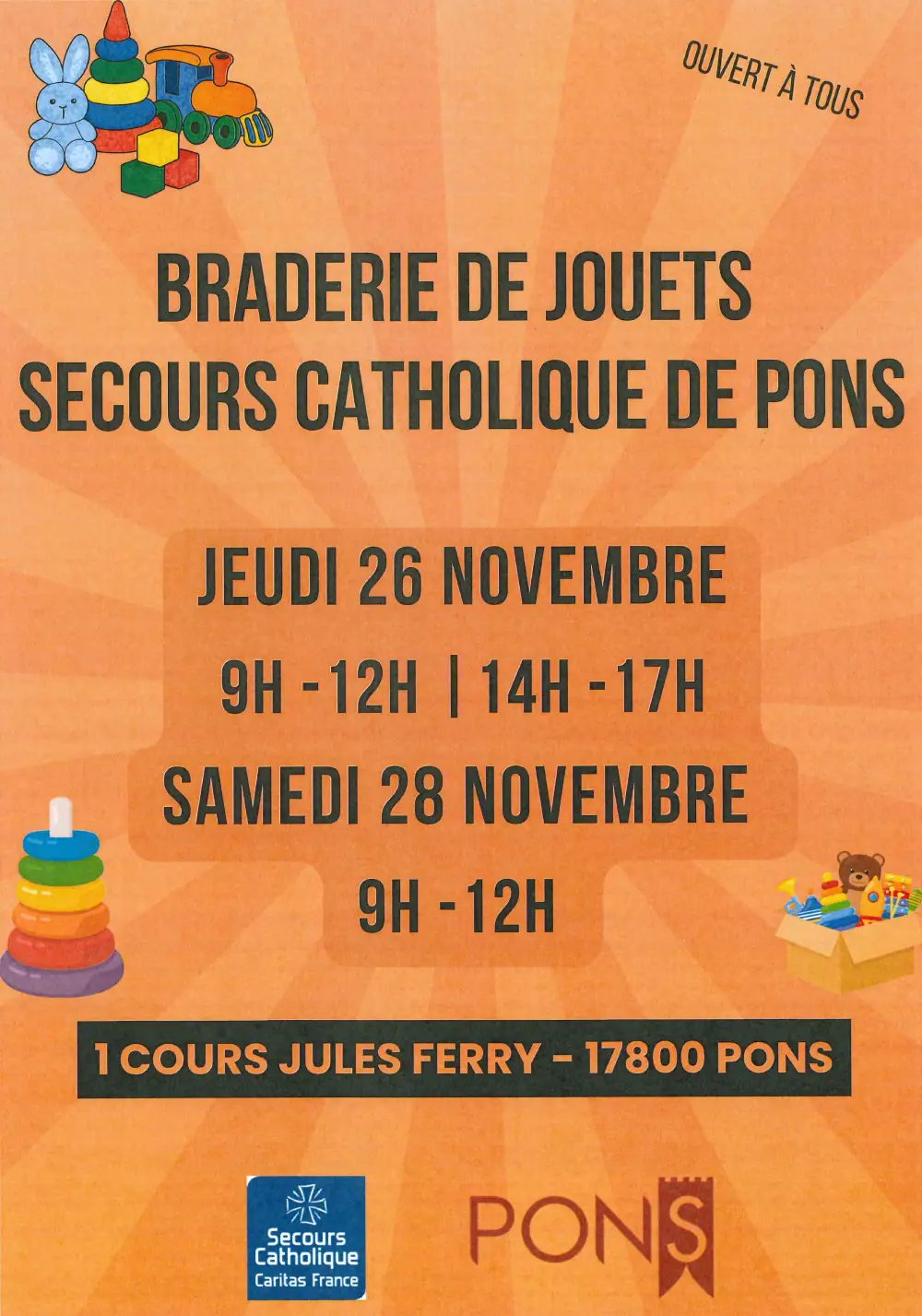 Affiche orange annonçant la braderie de jouets du Secours Catholique à Pons, les 26 et 28 novembre 2026, au 1 cours Jules Ferry.