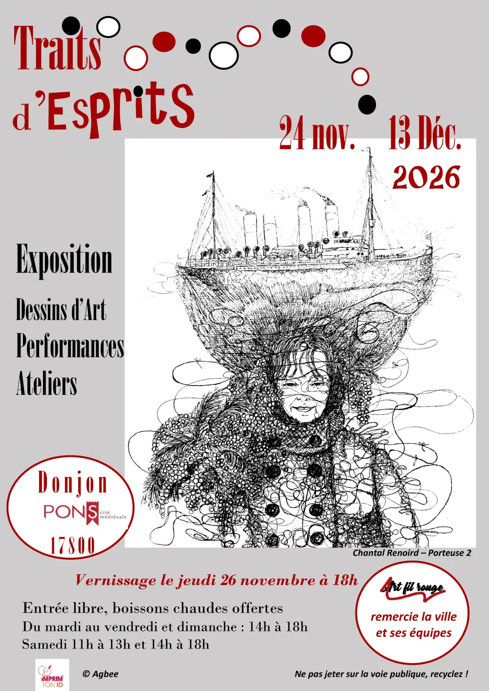 Affiche de l’exposition « Traits d’esprits » au Donjon de Pons, du 24 novembre au 13 décembre 2026, avec des dessins d’artistes et des informations sur les expositions, performances et ateliers.