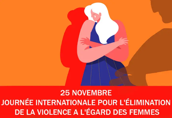 Illustration pour la Journée internationale du 25 novembre pour l’élimination de la violence à l’égard des femmes, représentant une femme serrée dans les bras d’une autre personne.