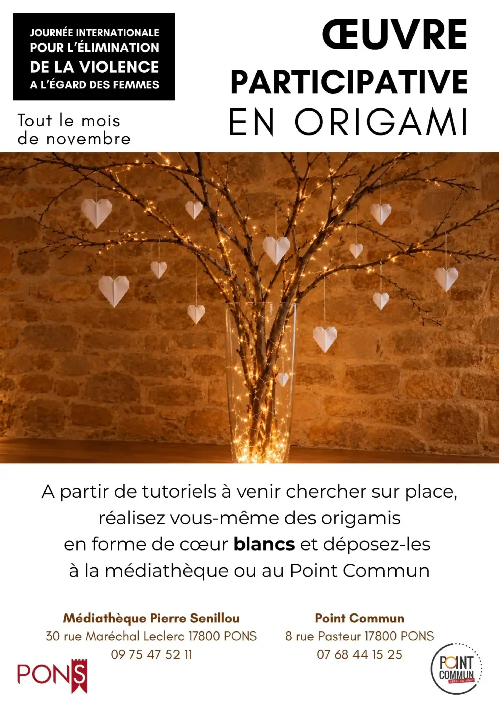 Affiche annonçant une œuvre participative en origami organisée en novembre à la médiathèque et au Point Commun, avec des cœurs blancs en papier à réaliser et à suspendre à des branches.