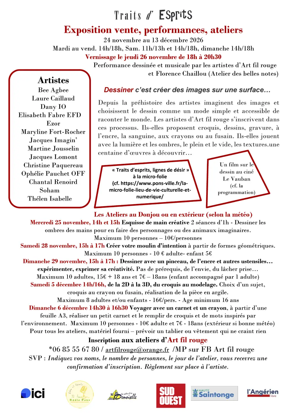 Programme de l’exposition « Traits d’esprits » à Pons, présentant les artistes participants, les ateliers de dessin et de création proposés du 25 novembre au 6 décembre 2026, ainsi que les modalités d’inscription.