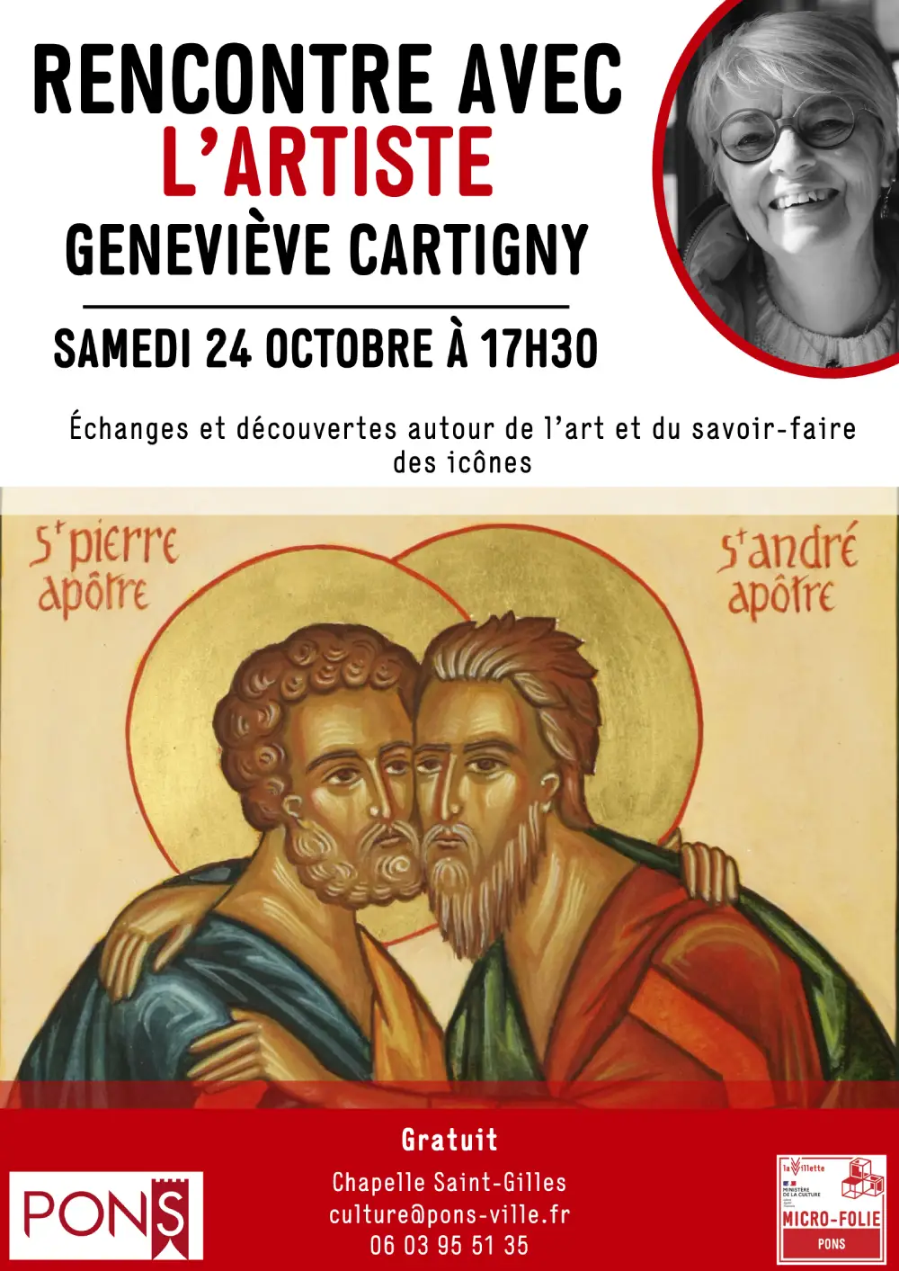 Affiche de la rencontre avec l’artiste Geneviève Cartigny, samedi 24 octobre à 17h30 à la Chapelle Saint-Gilles de Pons.