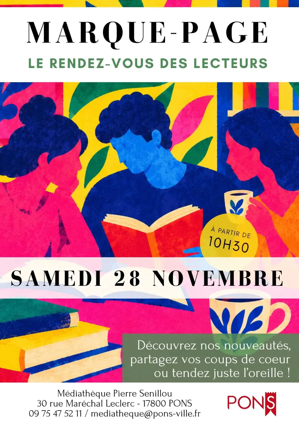 Affiche du rendez-vous des lecteurs « Marque-Page » à la médiathèque Pierre Senillou de Pons, samedi 28 novembre à partir de 10 h 30. Un moment convivial pour découvrir les nouveautés et partager ses coups de cœur littéraires.